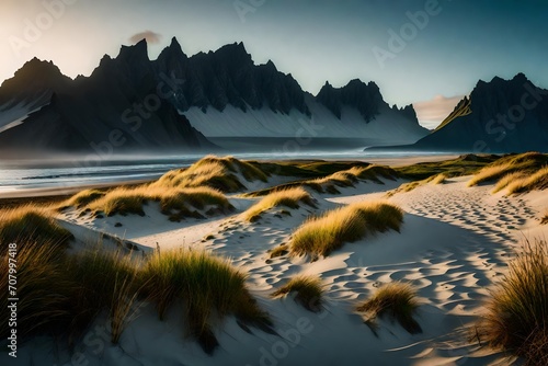Sand dunes on the Stokksnes on southeastern Icelandic coast with Vestrahorn (Batman Mountain). Iceland, Europe. 