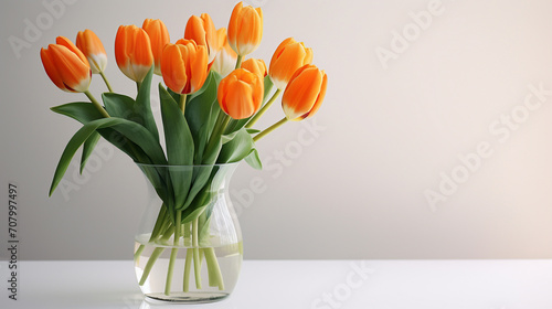 Orange and white tulips in a glass vase #707997497