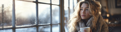 A woman enjoying a Coffee looking out of the window on a cold day