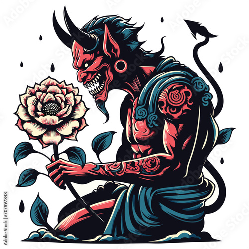 demon with flower vector illustration isolated on white background