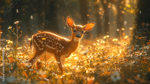 A mythical woodland creature, with the body of a deer and ethereal wings, peacefully grazing in a sunlit meadow surrounded by wildflowers, embodying the spirit of nature.