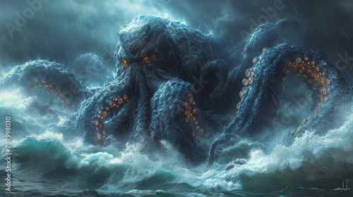 A majestic and regal kraken emerging from the depths of a stormy sea, its colossal tentacles creating a sense of awe and fear in a dramatic maritime setting.