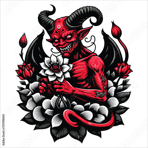 demon with flower vector illustration isolated on white background