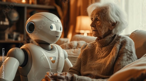 Emotional Support, Elderly Woman Sharing Stories with Humanoid Robot photo