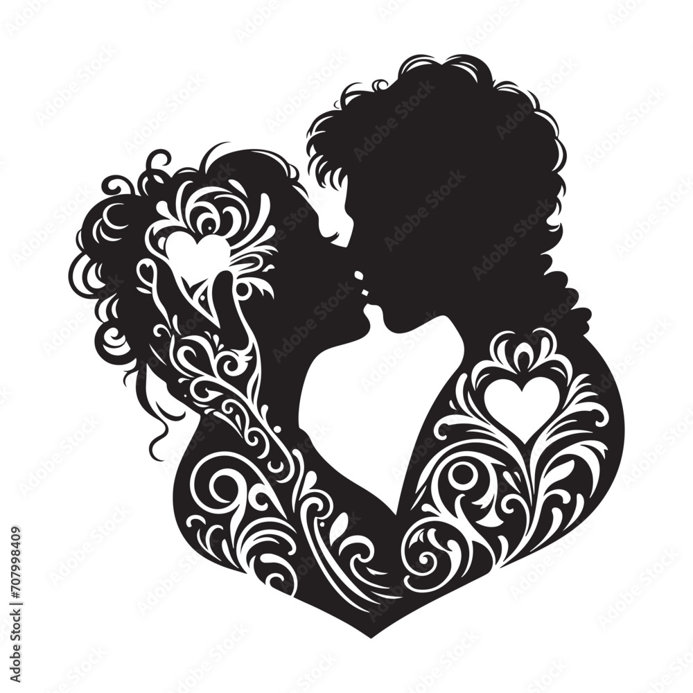 Captivating Tenderness: Intricate kissing silhouette, an artistic capture of tender and romantic moments - couple kissing silhouette Valentine Silhouette - kissing vector
