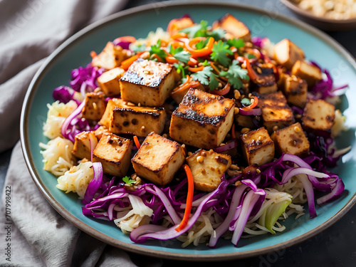 Spicy baked marinated tofu with vibrant cabbage stir fry.