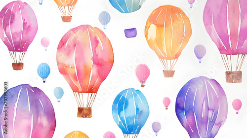 A whimsical fleet of colorful hot air balloons drifts gracefully through the sky, their airy transport a breathtaking blend of aircraft and art