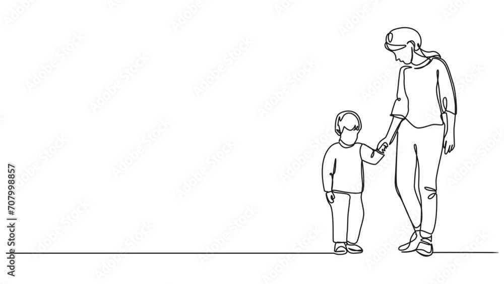 animated continuous single line drawing of young boy walking by the hand of his mother, line art animation animated continuous single line drawing of young boy walking by the hand of his mother, line art animation