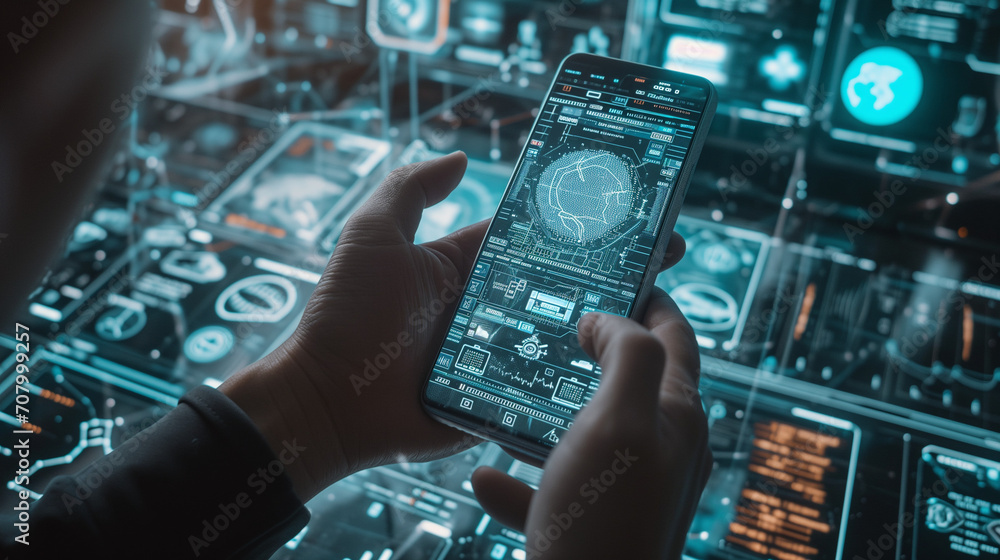 The person is holding a smartphone that displays a complex and colorful graphical interface, resembling a globe or network. The background is filled with various high-tech screens and displays. The person is holding a smartphone that displays a complex and colorful graphical interface, resembling a globe or network. The background is filled with various high-tech screens and displays.