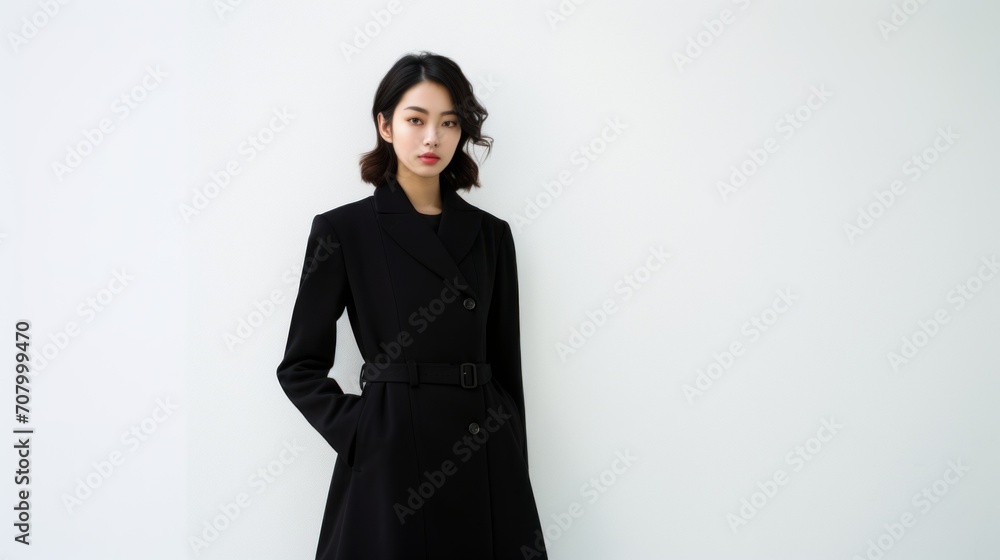 Minimalist fashion. Sustainable, versatile wardrobe Elegant Woman in Classic Black Coat. A poised young woman in sophisticated black trench coat stands against a white background. Minimalist fashion. Sustainable, versatile wardrobe Elegant Woman in Classic Black Coat. A poised young woman in sophisticated black trench coat stands against a white background.