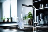 in the kitchen, water flows from a tap into a glass glass nearby, a stream of water fills the cup