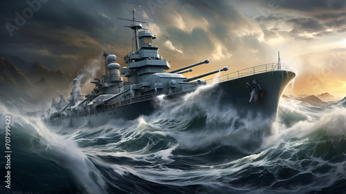 Foto A battleship enduring extreme weather, with waves crashing over the deck