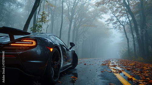 A black stealth supercar with tinted windows cruising through a foggy forest road photo