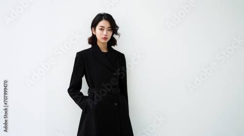 Minimalist fashion. Sustainable, versatile wardrobe Elegant Woman in Classic Black Coat. A poised young woman in sophisticated black trench coat stands against a white background.