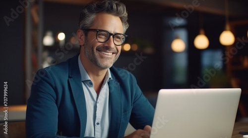 happy man smiling, sitting at a laptop in a cafe, wearing glasses with a gray beard