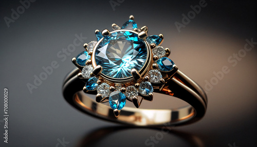 An engagement wedding ring with aquamarine-blue sapphire and diamonds minimalist background, Ai generated image