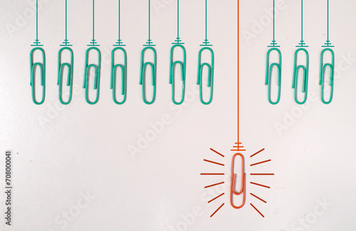 business concept,metaphor,idea,solution,innovation,unique selling point,start up and human resources with paper clips as lightbulbs, flat lay, copy space