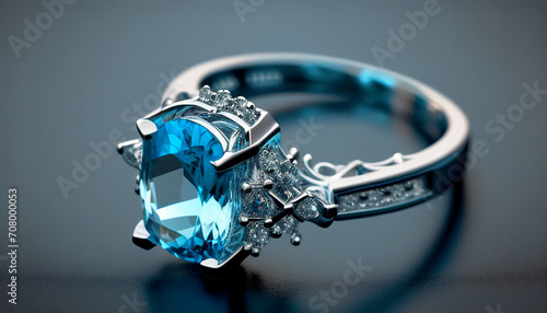 An engagement wedding ring with aquamarine-blue sapphire and diamonds minimalist background, Ai generated image photo