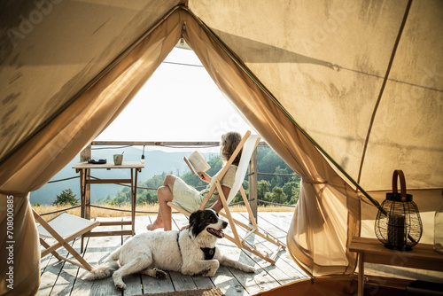 glamping or glamour camping with a dog photo