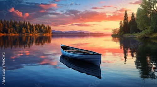 A peaceful sunset scene on a calm lake with reflections and a rowing boat © Wolfilser