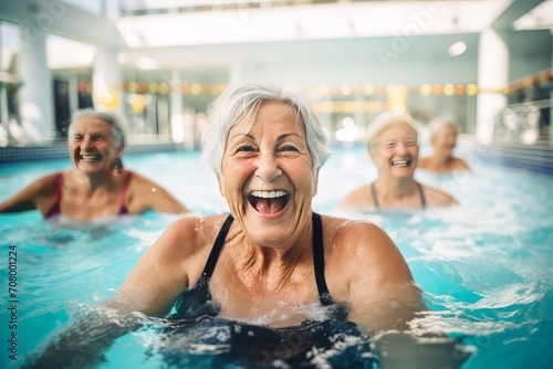 Group of older ladies doing aquagym in the pool. Close-up. Concept health, lifestyle © Eomer2010