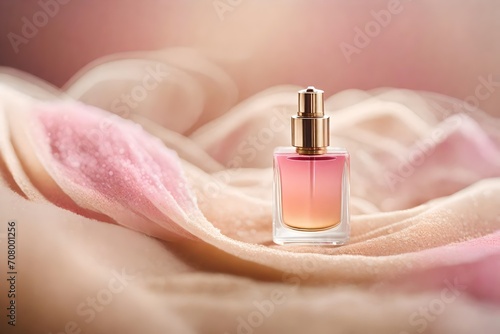 classy and delicate pink perfume presentation , soft fabric and smooth bokeh bakcground photo