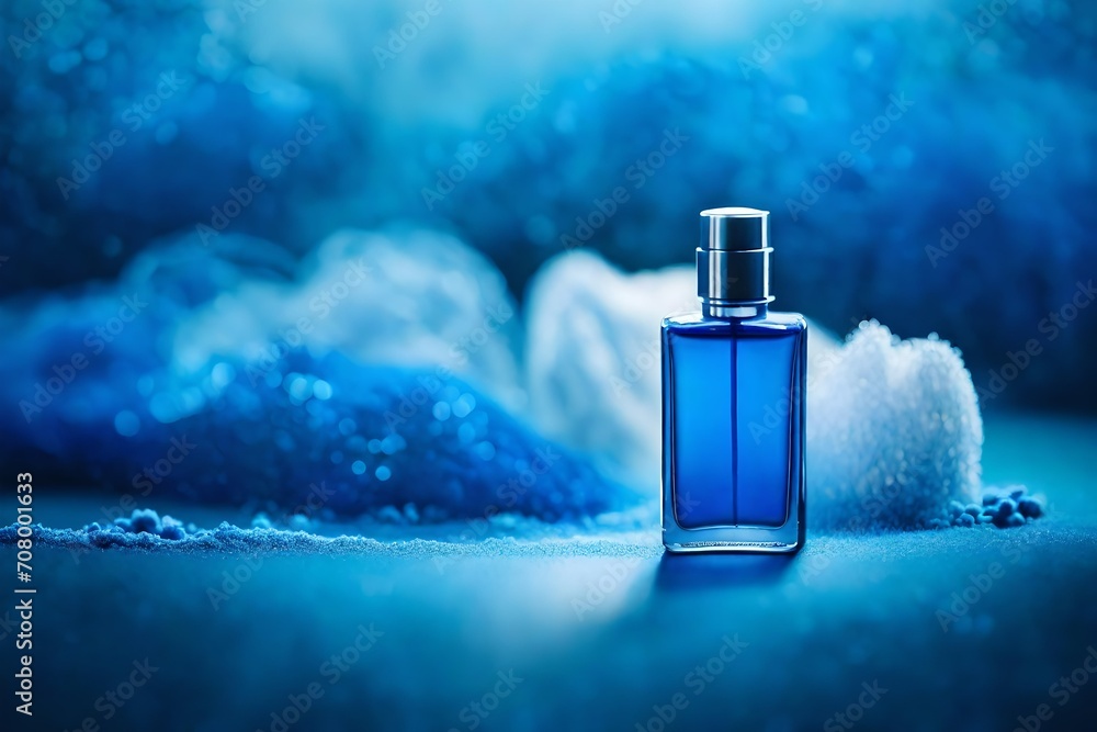 blue perfume flacon mockup , blue pigments background blue perfume flacon mockup , blue pigments background