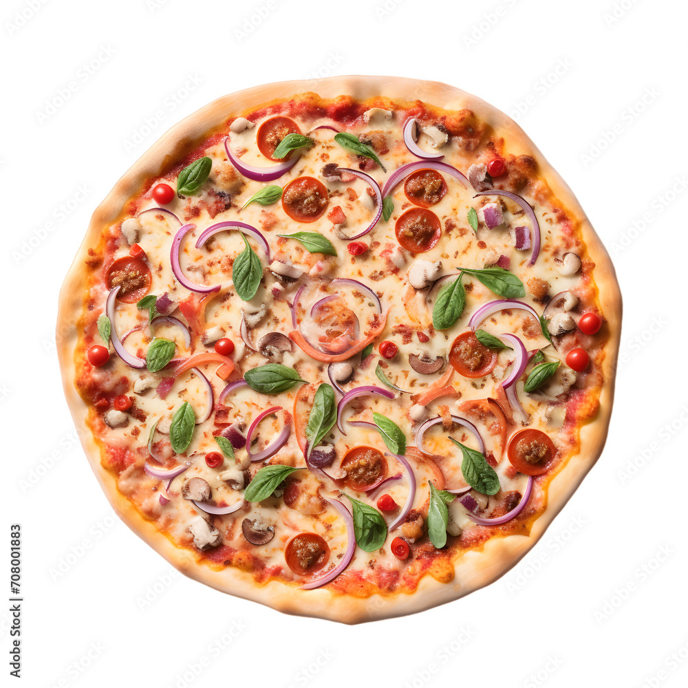 Pizza top view isolated on transparent background