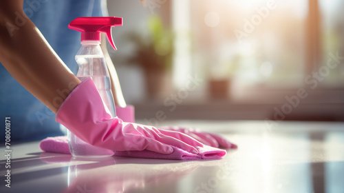 Person's arm in a rubber glove cleaning a bright, reflective surface with a spray bottle photo