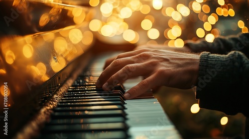 A close-up image of hands playing a piano with warm, bokeh light in the background, creating a cozy atmosphere.