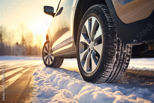 Winter tire. SUV car on snow road.  © Olga