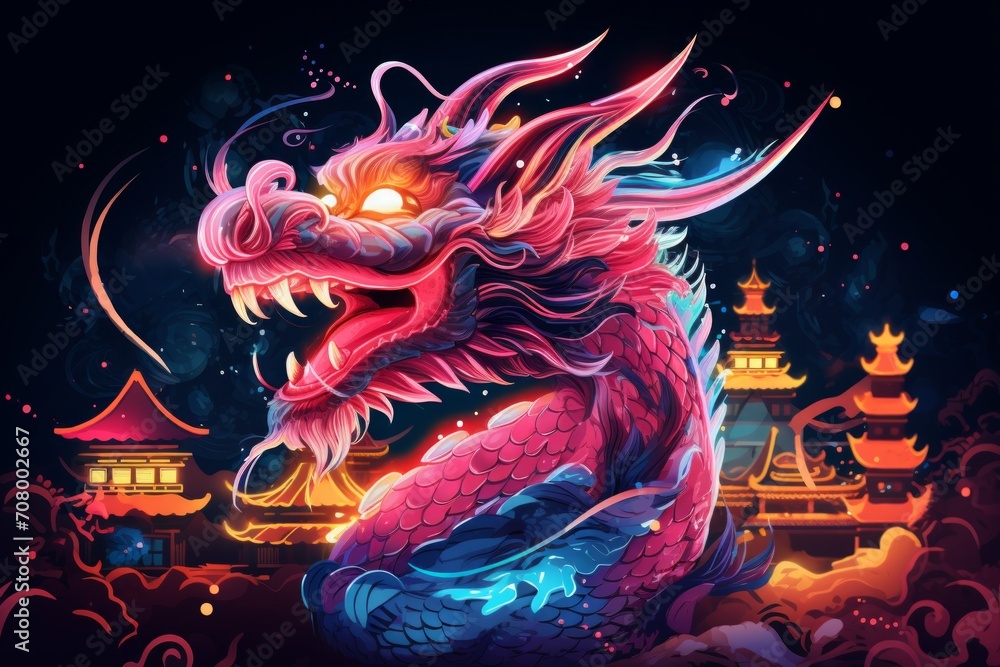 a colorful close-up macro drawing illustration of an angry led shinning monster dragon with sharp teeth and scary eye representing the chinese lunar new year