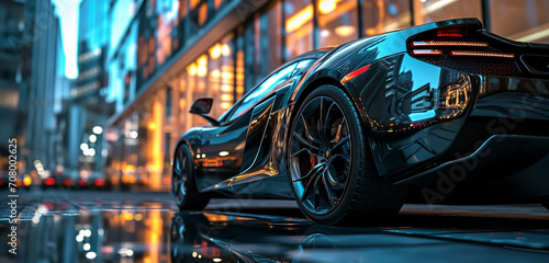 A chrome-plated supercar reflected in a glass skyscraper, cityscape in the background photo