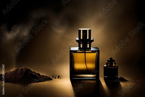 expensive and elegant square perfume spray bottle presentation , black and golden tones , masculine cosmetics photo