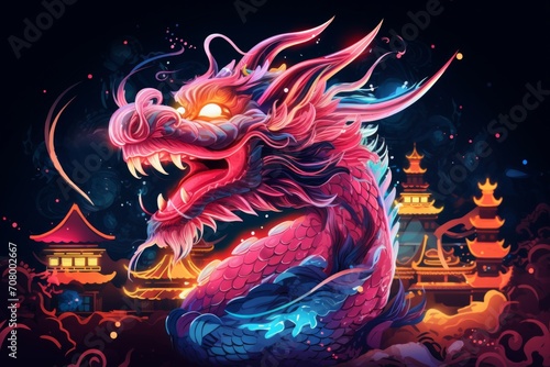 a colorful close-up macro drawing illustration of an angry led shinning monster dragon with sharp teeth and scary eye representing the chinese lunar new year