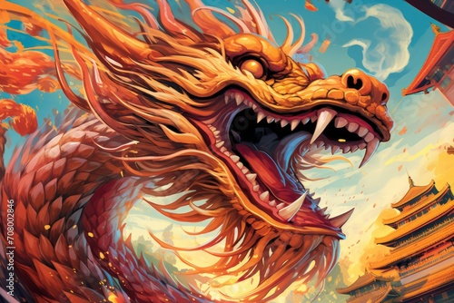 a colorful close-up macro drawing illustration of an angry red monster dragon with sharp teeth and scary eye representing the chinese lunar new year © Romana