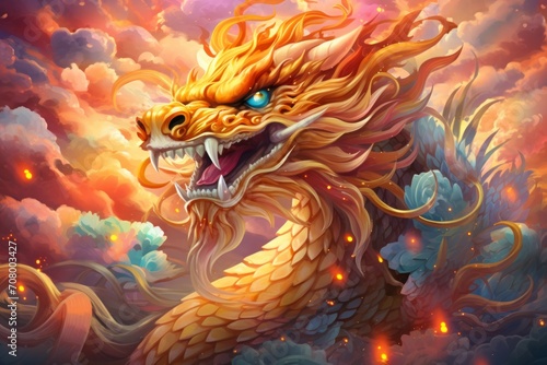 a colorful close-up macro drawing illustration of an angry red monster dragon with sharp teeth and scary eye representing the chinese lunar new year