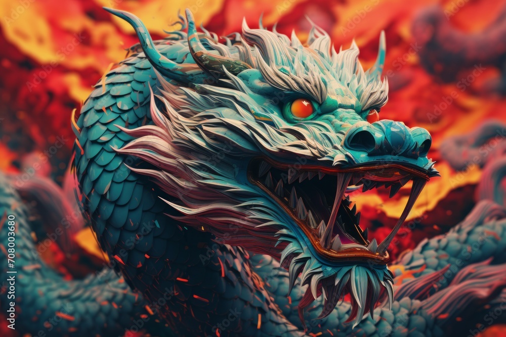 a colorful close-up macro drawing illustration of an angry cyan monster dragon with sharp teeth and scary eye representing the chinese lunar new year