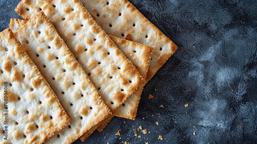 Stacks of Matzah on a textured background, a staple food for the Jewish Passover holiday representing humility and simplicity.