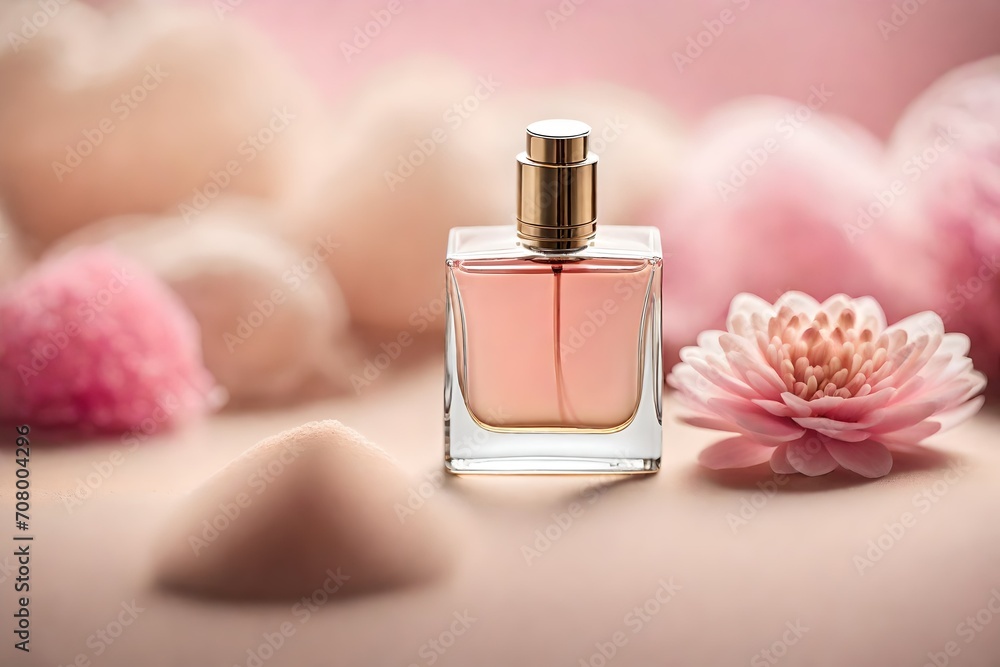soft and delicate pink perfume with smooth blurry floral background , feminine cosmetics soft and delicate pink perfume with smooth blurry floral background , feminine cosmetics