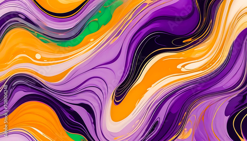 Luxury abstract fluid art painting in liquid ink technique. Tender and dreamlike wallpaper. Mixture of Orange  Purple  Green  Brown   and golden swirls. Generative AI