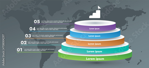 This infographic image shows a complex diagram showing the sequence of steps in a business process. Stages of development represented by colored shapes and numerical values indicating success.