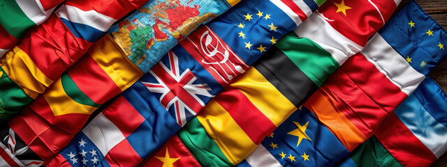 A collage of various international flags representing global unity and diversity. The image symbolizes international relations and world peace.