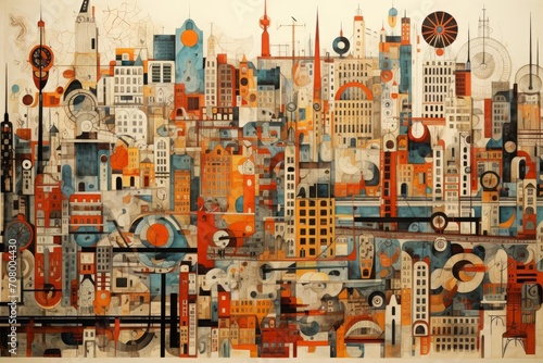 an abstract geometric chaotic crowded detailed poster drawing collage of a urban futuristic cityscape city skyline