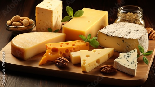 Various types of cheese on wooden board. Assortment of cheeses. Cheese platter.
