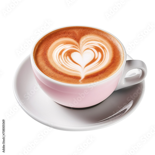 Hot coffee latte with heart shaped latte art milk foam isolated on transparent or white background, side view