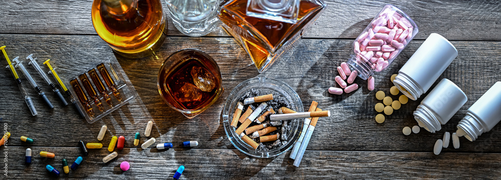 Addictive substances, including alcohol, cigarettes and drugs - obrazy, fototapety, plakaty 