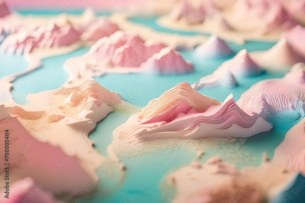 pink and blue abstract wavy layred landscape , tiltshift blur , surreal miniature planet surface - obrazy, fototapety, plakaty 