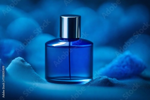 perfume flacon mockup , blue pigment powder and colored dust background