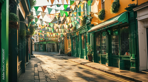 Empty city street decorated with garlands and traditional green orange flags for St. Patrick's Day carnival